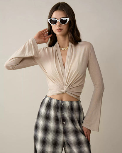 Tencel-Linen V-Neck Tie Blouse with Bell Sleeves