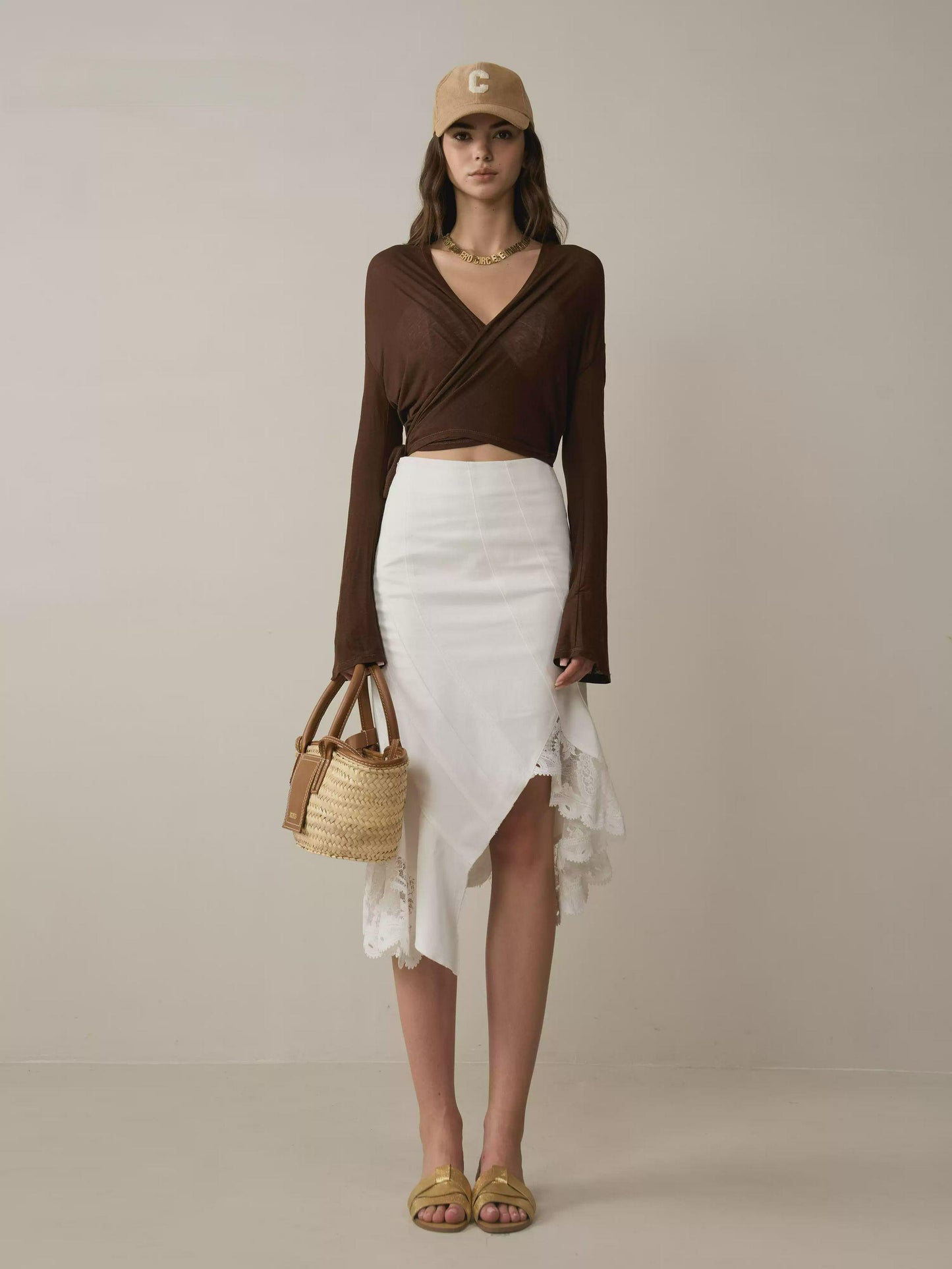 Lace-Trim Denim Skirt